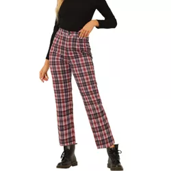 Allegra K Women's Plaid Cropped Trousers Button Casual Tartan Check Work Pants Red L