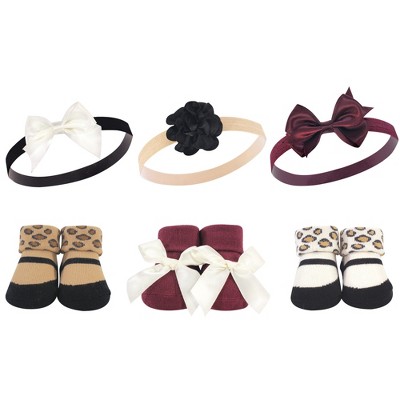 Hudson Baby Infant Girl Headband and Socks Giftset 6pc, Burgundy Leopard, One Size