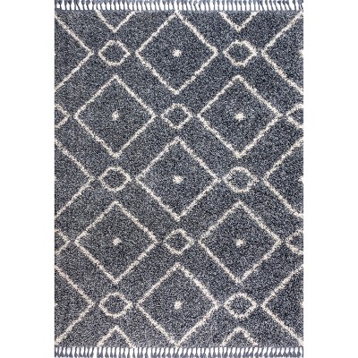 Denim Blue Geometric Shag Area Rug with Tassels