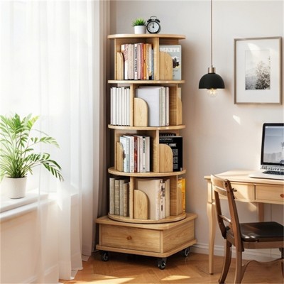 SKRAN 5 Tier Rotating Bookshelf, 360° Display Round Spinning Bookshelf with Wheels,Rotating Bookshelf Tower for Bedroom,Living Room,Home,Wood Color