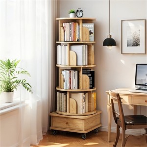 SKRAN 5 Tier Rotating Bookshelf, 360° Display Round Spinning Bookshelf with Wheels,Rotating Bookshelf Tower for Bedroom,Living Room,Home,Wood Color - 1 of 4