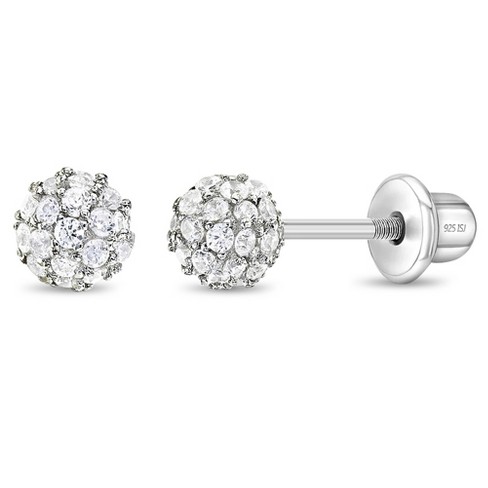 Girls' Small Ball of Gems CZ Screw Back Sterling Silver Earrings - Clear -  In Season Jewelry