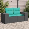 vidaXL Patio Sofa with Cushions - 2-Seater Outdoor Loveseat in Black PE Rattan - Comfortable Garden/Deck Furniture with Removable Blue Cushion Covers - 2 of 4