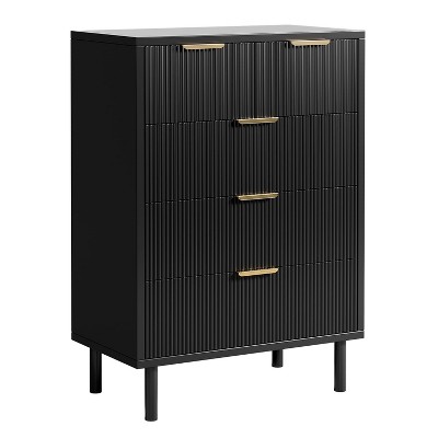 homfan Black Wave Fluted 5-Drawer Dresser - Modern Wide Drawer Wood Chest w/Anti-Tip Device & Metal Legs for Bedroom/Hallway/Entryway