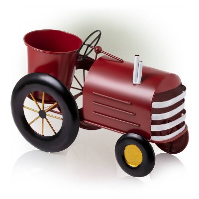 7" Planter Novelty Tractor Red - Alpine Corporation: Iron Construction, Freestanding Design, No Assembly Required
