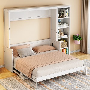 ModernLuxe Queen/Full Size Murphy Bed Wall Bed Frame, Wooden Storage Cabinet Bed with Desk and Bookshelf - 1 of 4
