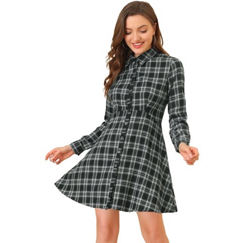 Женские платья INSPIRE CHIC Women's Plaid Button Down Cotton Mini A-Line Shirt Dress Black Medium