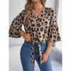 Womens 3/4 Bell Sleeve Blouse Tie Front Knot V Neck Tops Front Button Leopard Print Blouse Summer Casual Crop Top Blouse - 2 of 4