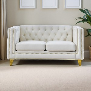 Velvet 2-Seater Tufted Sofa with Metal Legs & Nailhead Trim - 1 of 4