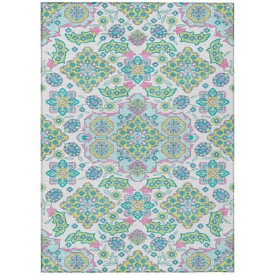 White Teal Blue And Pink Medallion Washable Indoor Outdoor Area Rug