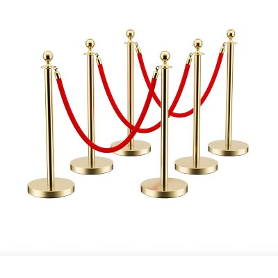 APRILSOUL Stainless Steel Gold Stanchions with Red Velvet Rope 5 ft. Crowd Control Barrier with Ball Top