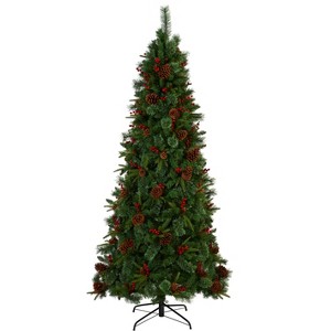 Nearly Natural 7.5-ft Norway Mixed Pine Artificial Christmas Tree with 450 Clear LED Lights, Pine Cones and Berries - 1 of 4