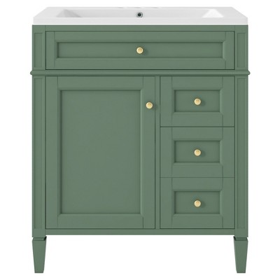 Vynxaria 30inch Forest Green Modern Single Sink Freestanding Bath Vanity with Resin Top Two Full Extension Drawers One Tip Out Drawer Soft Close Doors
