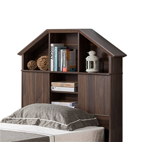 Twin Hut Style Bookcase Wood Headboard, King Size Bookcase Headboard With Sliding Doors