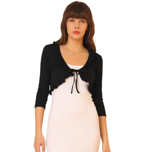 Allegra K Women's Tie Front Shrug Ruffle Neck 3/4 Sleeve Crop Cardigan  Black Medium : Target