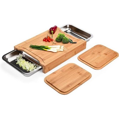 Bamboo Cutting Board Set with Stainless Steel Trays