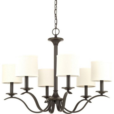 Antique Bronze 6-Light Chandelier with Off-White Linen Shades