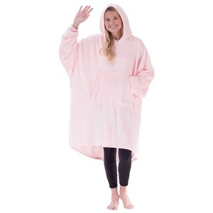 THE COMFY Dream Adult Oversized Microfiber Fleece Wearable Blanket w/Plush Hood, Large Pocket, & Ribbed Sleeve Cuffs, 1 Size Fits All, Heather Pink - 1 of 4