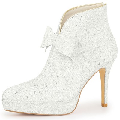 BLISSFUL STEP Women's Glitter Bow Stiletto Heel with Platform Ankle Boots