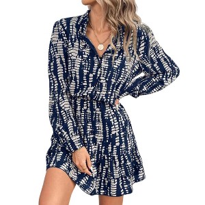 Clearlove Women's Summer Wrap V Neck Swing Ruffle Long Sleeve Ruffled  Slim Mini Dress - Dark Blue,Small - 1 of 4