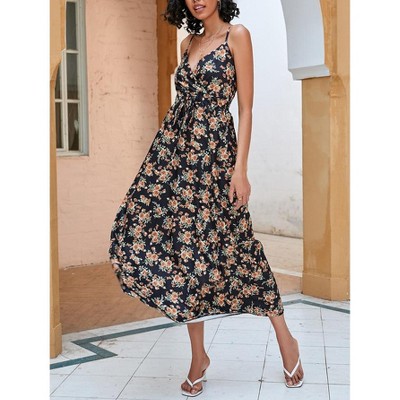Womens Spaghetti Straps Summer Dresses Floral Sleeveless Beach Dress V Neck Drawstring High Waist A Line Casual Maxi Dress