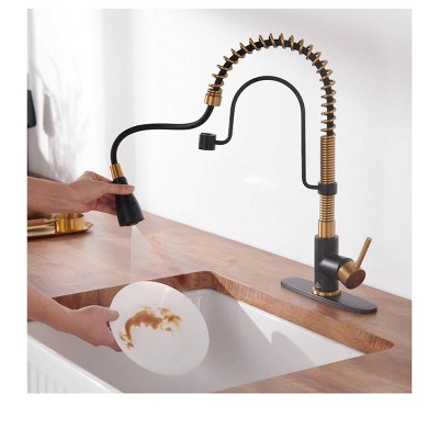 Matte Black and Brushed Gold Stainless Steel Pull Down Kitchen Faucet