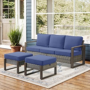 POCASSY 75" Wide Outdoor Sofa Outdoor Furniture Sets, All-Weather Brown Wicker Rattan Outdoor Couch with Ottomans and Cushions for Porch Balcony - 1 of 4