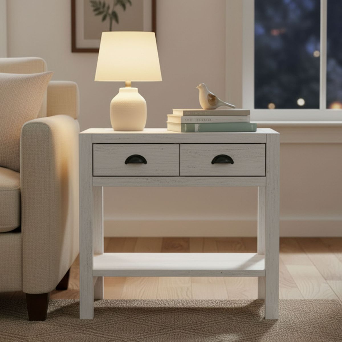 Alaterre Furniture Arden 2-Drawer Nightstand with Open Shelf, Solid Pine Wood, Driftwood White Finish, Metal Drawer Glides, Ideal for Bedroom Storage - thumbnail 4