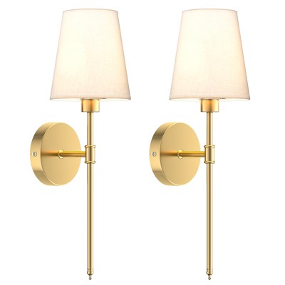 SUGIFT Wall Sconces Set of 2, Modern Brushed Gold Wall Lights with Fabric Shades, Hardwired Vanity Lighting