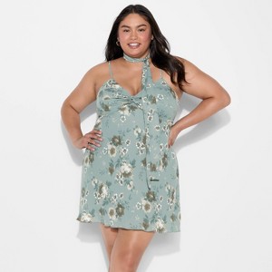 Women's Twist Front Scarf Mini Dress - Wild Fable™ Dark Green Floral - 1 of 3