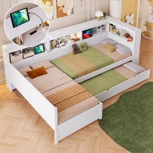 TIRAMISUBEST Wood Twin Size L-shaped Platform Bed with Trundle and a Drawer, Solid Wood Two Shared Beds Corner Bed with Storage Headboard - 1 of 4