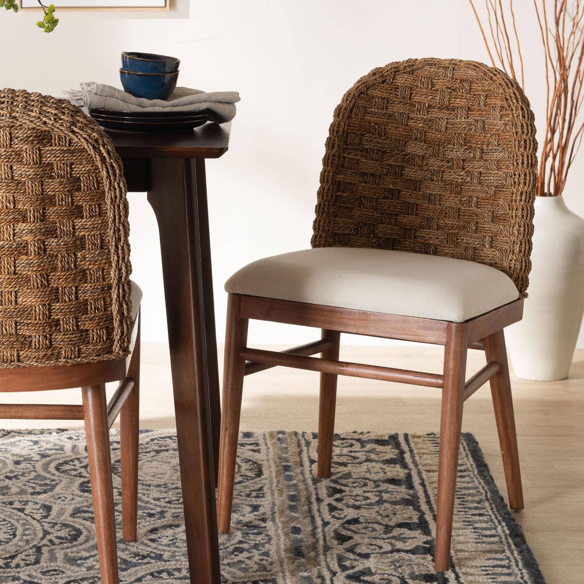 bali & pari Denver Acacia Wood and Seagrass Dining Chair White/Walnut Brown: Bohemian Style, Foam Padded - thumbnail 3