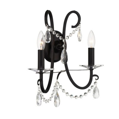 Matte Black 2-Light Sconce with Clear Hand Cut Crystals