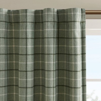 Green Plaid Light-Filtering Polyester Curtain Panel