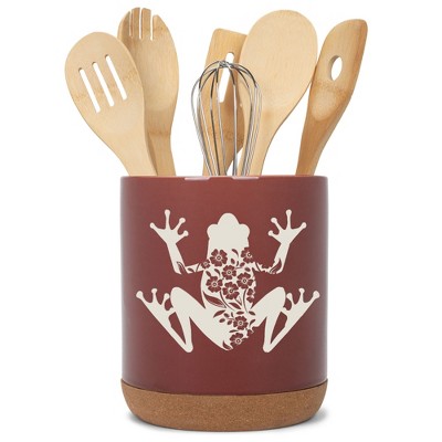 Elanze Designs Floral Frog Flowers Arrangement Toad Ceramic Cork Bottom Red Large Capacity Utensil Holder Crock for Countertop Storage, Stylish &