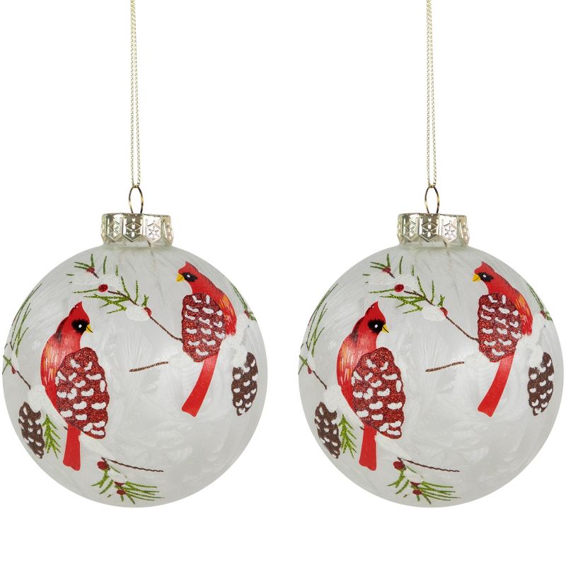 Northlight Set of 2 Clear and Red Cardinal Birds Christmas Glass Ball Ornaments 4", 1 of 6