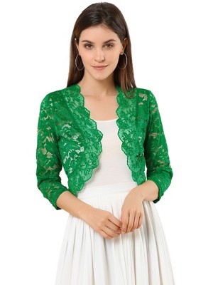 INSPIRE CHIC Women's Elegant 3/4 Sleeve Sheer Floral Lace Open Front Crop Shrug