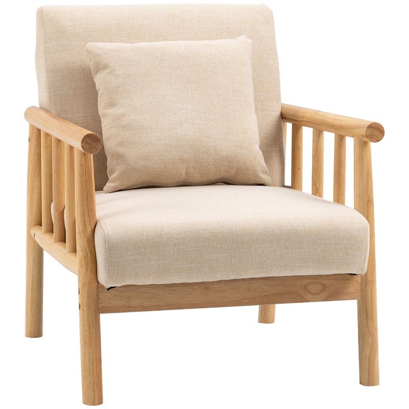 HOMCOM Accent Chair with Softness & Support, Upholstered Arm Chair for Living Room Furniture, Comfy Chair for Bedroom, Living Room Chair, Beige, 1 of 7