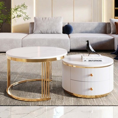 NicBex Modern Round Nesting Coffee Table with 2 Drawers and Metal Base for Living Room, White