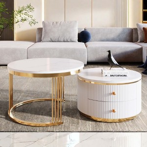 NicBex Modern Round Nesting Coffee Table with 2 Drawers and Metal Base for Living Room, White - 1 of 4