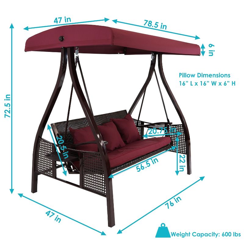 Sunnydaze 3-Person Outdoor Patio Swing with Adjustable Canopy Shade, Foldable Side Tables, Cushions and Pillow, Merlot, 5 of 14