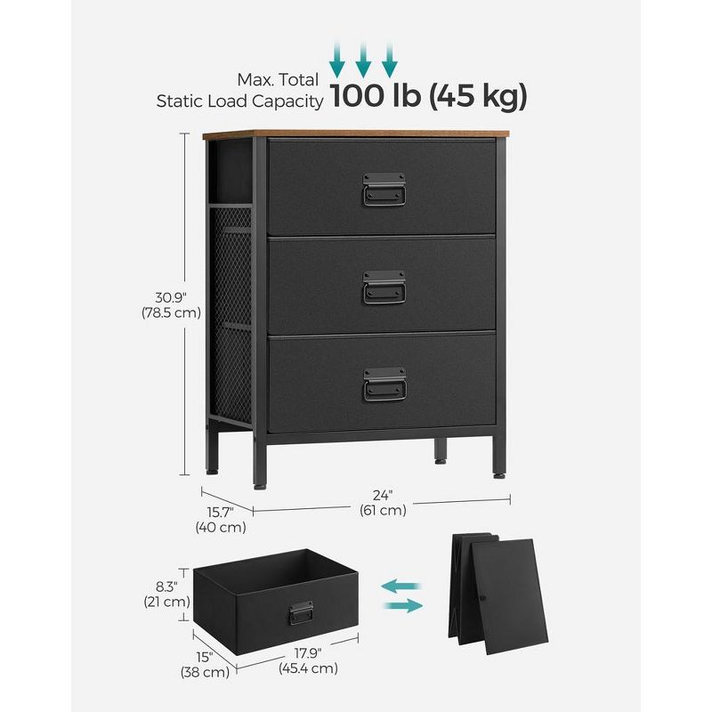 SONGMICS Dresser for Bedroom, Storage Organizer Unit with 3 Fabric Drawers, Chest of Drawers, Steel Frame, Rustic Brown and Black, 5 of 8