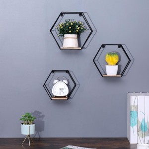 INFURNIC Decorative Wall Shelf Set of 3 Hexagonal Floating Shelves with Wood and Metal for Storage and Display, Brown, 11.4"*5.3"*10.2" - 1 of 4