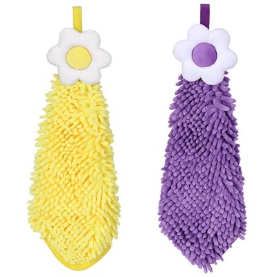 REGALWOVEN Chenille Soft Absorbent Flower Hanging Hand Towels for Bathroom 2 Pcs