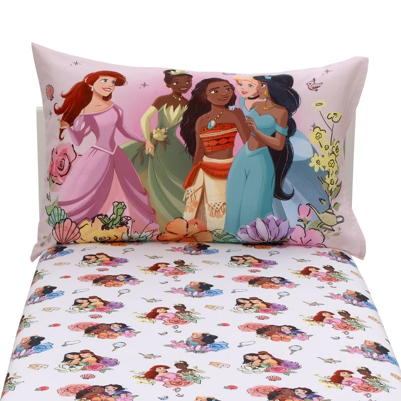 Disney Princesses Courage and Kindness Pink, Blue and White 2 Piece Toddler Sheet Set - Fitted Bottom Sheet and Reversible Pillowcase, 4 of 7