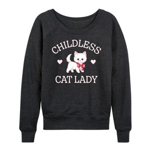 Women's - Instant Message - Childless Cat Lady Kitten Lightweight French Terry Wide Neck Long Sleeve Graphic Shirt - 1 of 4