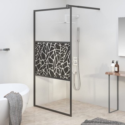 VidaXL Walk-in Shower Wall 45.3 in.x76.8 in. ESG Glass with Stone Design Black