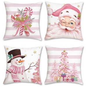 Pink Christmas Throw Pillow Covers 18x18 Inch Santa Claus Snowman Candy Cane Xmas Tree - 1 of 4