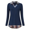 Clearlove Women's Long Sleeve V Neck Contrast Collar Shirt A-line Pleated Office Tunic - 2 of 4