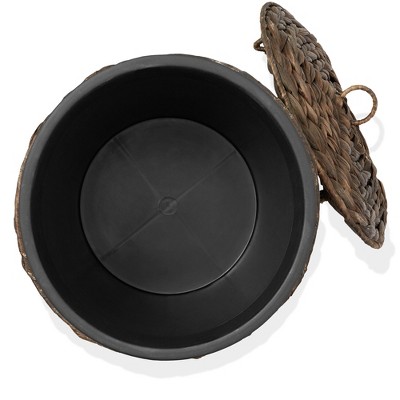 Espresso Water Hyacinth Woven Bathroom Trash Can with Lid